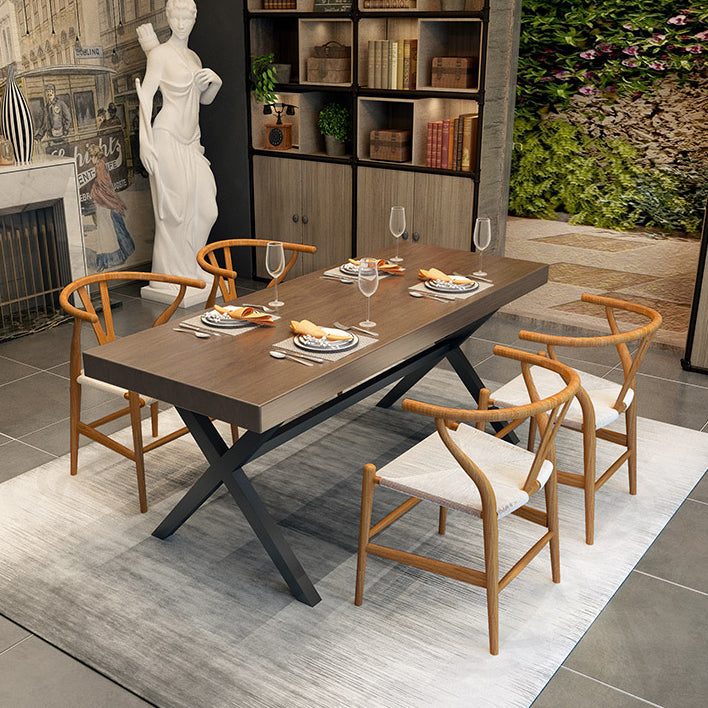 Industrial Style Solid Wood Dining Table Metallic Trestle Base Rectangle Table for Home Clearhalo ' dining_table' 'Dining Tables & Seating' 'Dining Tables' 'furn' 'furn_dining_table' 'Furniture' 'furniture_dining_table' 'Kitchen & Dining Furniture' 'kitchen&dining_furn' 'kitchen' 'kitchen_dining_table' 3756584