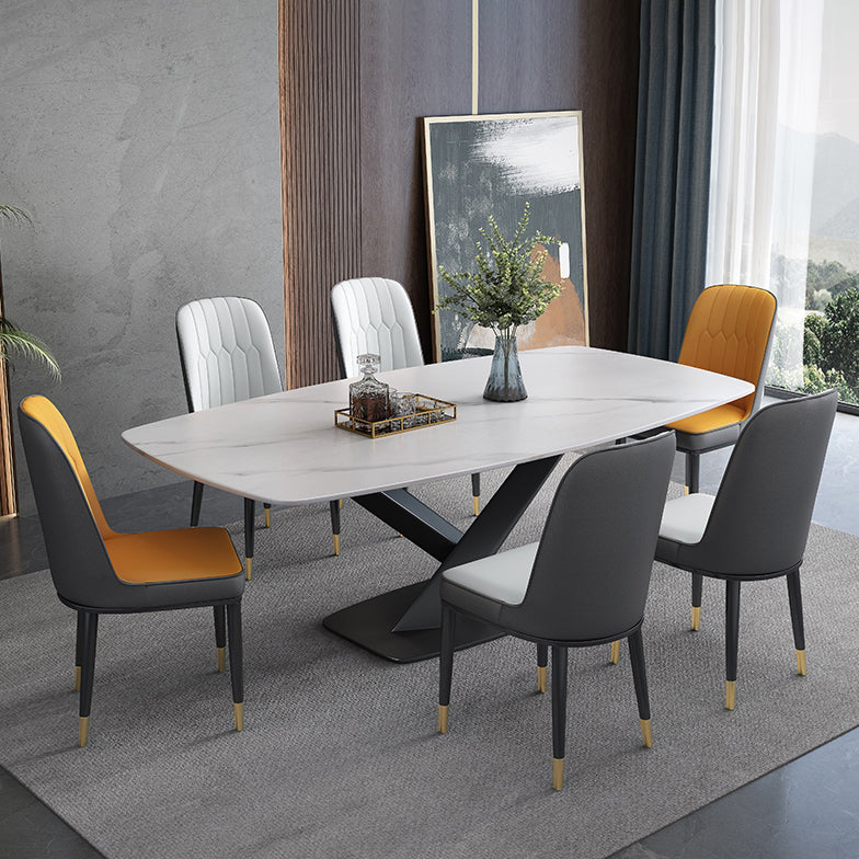 Sintered Stone Top Dining Table Modern Rectangle Table with Metal Pedestal Clearhalo ' dining_table' 'Dining Tables & Seating' 'Dining Tables' 'furn' 'furn_dining_table' 'Furniture' 'furniture_dining_table' 'Kitchen & Dining Furniture' 'kitchen&dining_furn' 'kitchen' 'kitchen_dining_table' 3756636
