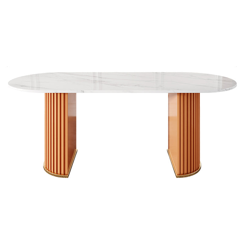 Oval Sintered Stone Top Dining Table Modern Table in White with Double Pedestal Orange Without Chairs Clearhalo ' dining_table' 'Dining Tables & Seating' 'Dining Tables' 'furn' 'furn_dining_table' 'Furniture' 'furniture_dining_table' 'Kitchen & Dining Furniture' 'kitchen&dining_furn' 'kitchen' 'kitchen_dining_table' 3757195