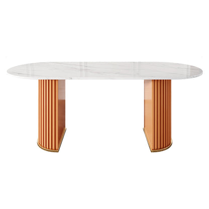 Oval Sintered Stone Top Dining Table Modern Table in White with Double Pedestal Orange Without Chairs Clearhalo ' dining_table' 'Dining Tables & Seating' 'Dining Tables' 'furn' 'furn_dining_table' 'Furniture' 'furniture_dining_table' 'Kitchen & Dining Furniture' 'kitchen&dining_furn' 'kitchen' 'kitchen_dining_table' 3757195