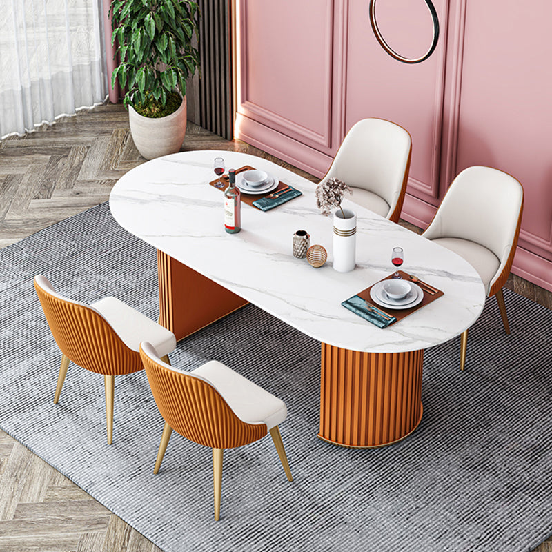 Glam Sintered Stone Top Kitchen Dining Table Oval Standard Dining Table with Double Pedestal Bases Clearhalo ' dining_table' 'Dining Tables & Seating' 'Dining Tables' 'furn' 'furn_dining_table' 'Furniture' 'furniture_dining_table' 'Kitchen & Dining Furniture' 'kitchen&dining_furn' 'kitchen' 'kitchen_dining_table' 3815751