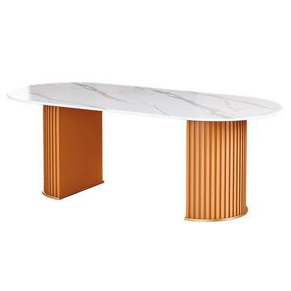 Glam Sintered Stone Top Kitchen Dining Table Oval Standard Dining Table with Double Pedestal Bases White Orange Clearhalo ' dining_table' 'Dining Tables & Seating' 'Dining Tables' 'furn' 'furn_dining_table' 'Furniture' 'furniture_dining_table' 'Kitchen & Dining Furniture' 'kitchen&dining_furn' 'kitchen' 'kitchen_dining_table' 3815752