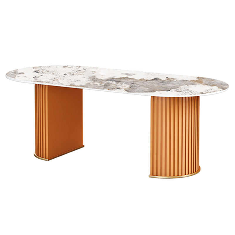 Glam Sintered Stone Top Kitchen Dining Table Oval Standard Dining Table with Double Pedestal Bases Gray Orange Clearhalo ' dining_table' 'Dining Tables & Seating' 'Dining Tables' 'furn' 'furn_dining_table' 'Furniture' 'furniture_dining_table' 'Kitchen & Dining Furniture' 'kitchen&dining_furn' 'kitchen' 'kitchen_dining_table' 3815753