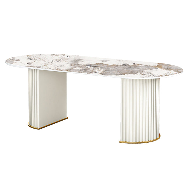 Glam Sintered Stone Top Kitchen Dining Table Oval Standard Dining Table with Double Pedestal Bases Gray White Clearhalo ' dining_table' 'Dining Tables & Seating' 'Dining Tables' 'furn' 'furn_dining_table' 'Furniture' 'furniture_dining_table' 'Kitchen & Dining Furniture' 'kitchen&dining_furn' 'kitchen' 'kitchen_dining_table' 3815755
