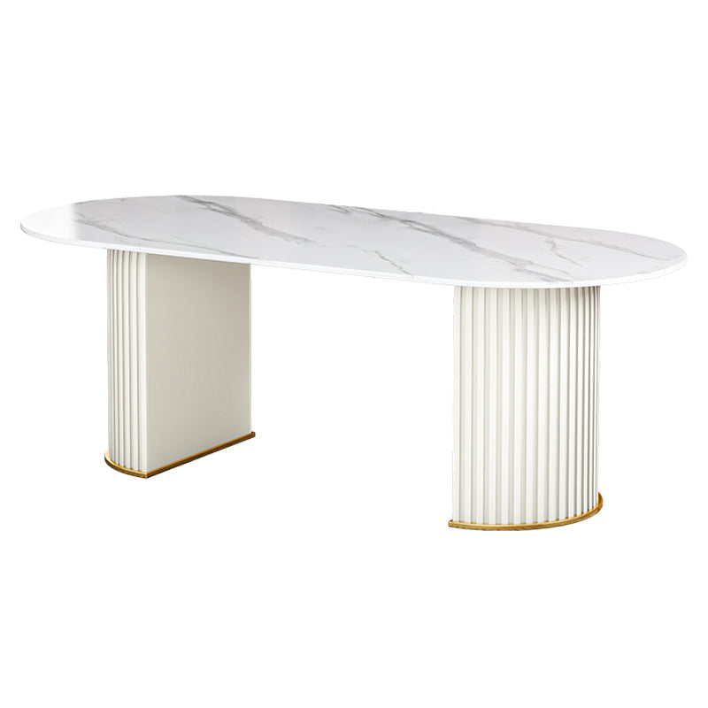 Glam Sintered Stone Top Kitchen Dining Table Oval Standard Dining Table with Double Pedestal Bases White White Clearhalo ' dining_table' 'Dining Tables & Seating' 'Dining Tables' 'furn' 'furn_dining_table' 'Furniture' 'furniture_dining_table' 'Kitchen & Dining Furniture' 'kitchen&dining_furn' 'kitchen' 'kitchen_dining_table' 3815758