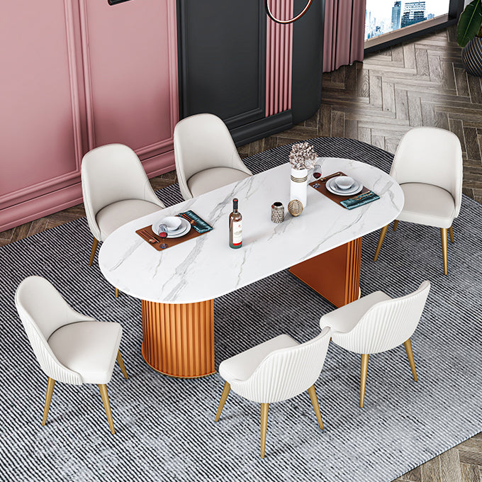 Glam Sintered Stone Top Kitchen Dining Table Oval Standard Dining Table with Double Pedestal Bases Clearhalo ' dining_table' 'Dining Tables & Seating' 'Dining Tables' 'furn' 'furn_dining_table' 'Furniture' 'furniture_dining_table' 'Kitchen & Dining Furniture' 'kitchen&dining_furn' 'kitchen' 'kitchen_dining_table' 3815764
