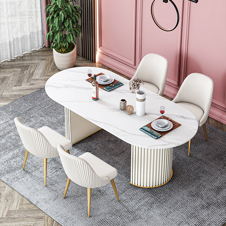 Glam Sintered Stone Top Kitchen Dining Table Oval Standard Dining Table with Double Pedestal Bases Clearhalo ' dining_table' 'Dining Tables & Seating' 'Dining Tables' 'furn' 'furn_dining_table' 'Furniture' 'furniture_dining_table' 'Kitchen & Dining Furniture' 'kitchen&dining_furn' 'kitchen' 'kitchen_dining_table' 3815766