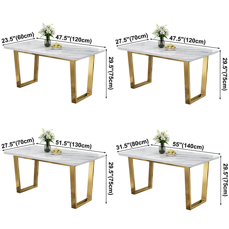 Table rectangulaire de luxe traditionnelle en métal, table en pierre frittée blanche avec base luge