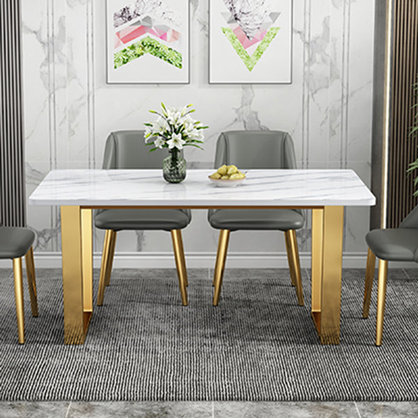 Table rectangulaire de luxe traditionnelle en métal, table en pierre frittée blanche avec base luge
