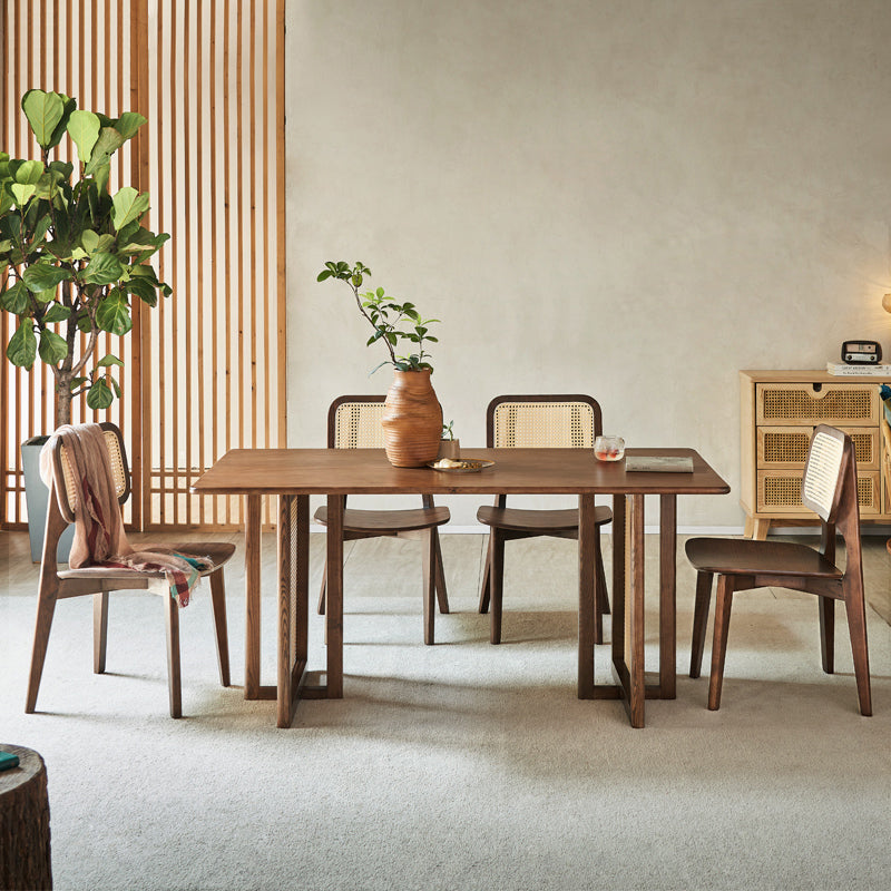 Rectangle Wood Dining Table Modern White Oak Table in Walnut with Double Pedestal Clearhalo ' dining_table' 'Dining Tables & Seating' 'Dining Tables' 'furn' 'furn_dining_table' 'Furniture' 'furniture_dining_table' 'Kitchen & Dining Furniture' 'kitchen&dining_furn' 'kitchen' 'kitchen_dining_table' 3816492