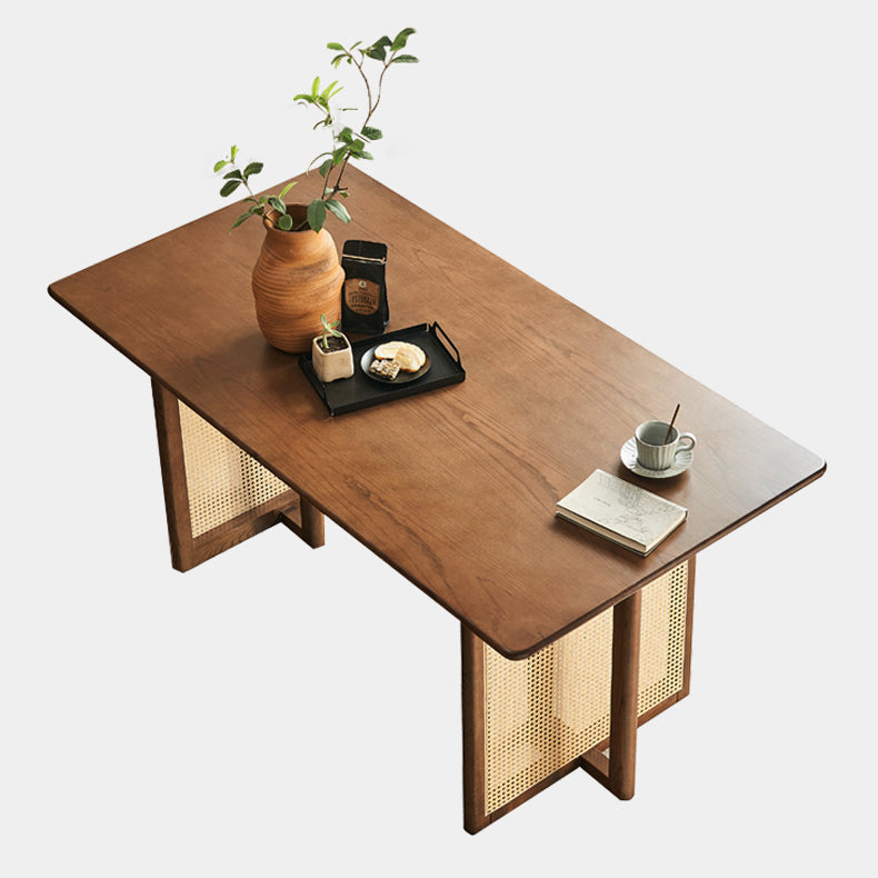 Rectangle Wood Dining Table Modern White Oak Table in Walnut with Double Pedestal Clearhalo ' dining_table' 'Dining Tables & Seating' 'Dining Tables' 'furn' 'furn_dining_table' 'Furniture' 'furniture_dining_table' 'Kitchen & Dining Furniture' 'kitchen&dining_furn' 'kitchen' 'kitchen_dining_table' 3816495