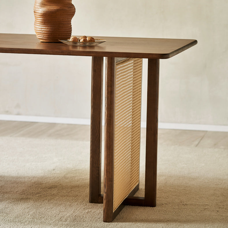 Rectangle Wood Dining Table Modern White Oak Table in Walnut with Double Pedestal Clearhalo ' dining_table' 'Dining Tables & Seating' 'Dining Tables' 'furn' 'furn_dining_table' 'Furniture' 'furniture_dining_table' 'Kitchen & Dining Furniture' 'kitchen&dining_furn' 'kitchen' 'kitchen_dining_table' 3816497