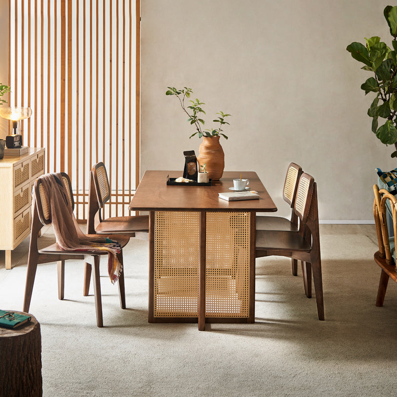 Rectangle Wood Dining Table Modern White Oak Table in Walnut with Double Pedestal Clearhalo ' dining_table' 'Dining Tables & Seating' 'Dining Tables' 'furn' 'furn_dining_table' 'Furniture' 'furniture_dining_table' 'Kitchen & Dining Furniture' 'kitchen&dining_furn' 'kitchen' 'kitchen_dining_table' 3816499