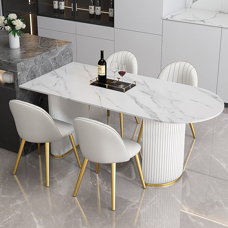 Contemporary Style Sintered Stone Dining Table Freeform Shape Table with Double Pedestal Base Clearhalo ' dining_table' 'Dining Tables & Seating' 'Dining Tables' 'furn' 'furn_dining_table' 'Furniture' 'furniture_dining_table' 'Kitchen & Dining Furniture' 'kitchen&dining_furn' 'kitchen' 'kitchen_dining_table' 3816506