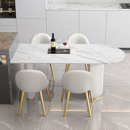 Contemporary Style Sintered Stone Dining Table Freeform Shape Table with Double Pedestal Base