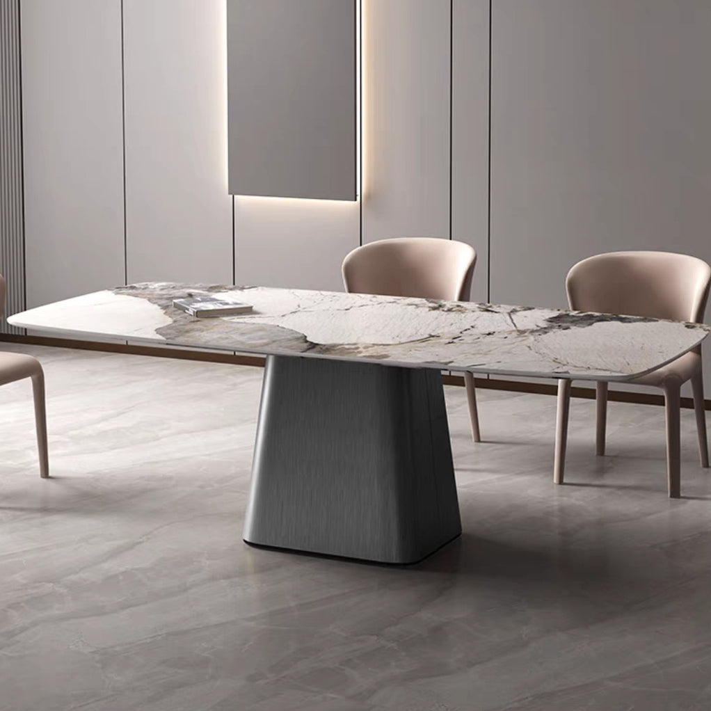 Rectangle Sintered Stone Dining Table Modern Table with Grey Metal Pedestal Clearhalo ' dining_table' 'Dining Tables & Seating' 'Dining Tables' 'furn' 'furn_dining_table' 'Furniture' 'furniture_dining_table' 'Kitchen & Dining Furniture' 'kitchen&dining_furn' 'kitchen' 'kitchen_dining_table' 3816579