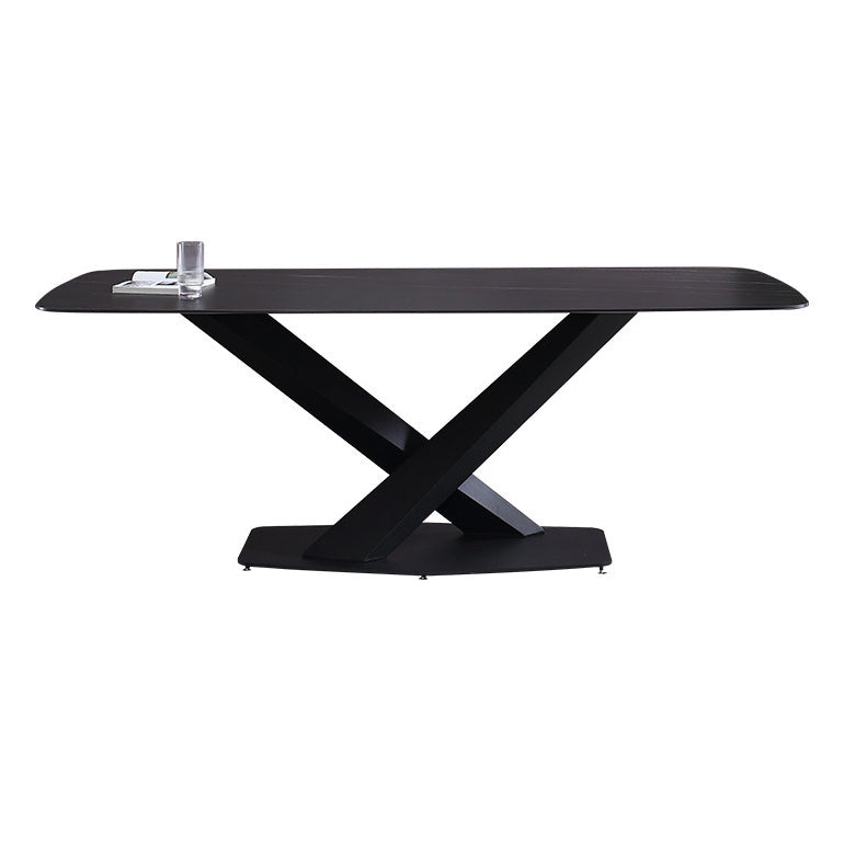Contemporary Rectangle Dining Room Table Sintered Stone Table with Pedestal Base Black Black Clearhalo ' dining_table' 'Dining Tables & Seating' 'Dining Tables' 'furn' 'furn_dining_table' 'Furniture' 'furniture_dining_table' 'Kitchen & Dining Furniture' 'kitchen&dining_furn' 'kitchen' 'kitchen_dining_table' 3816811