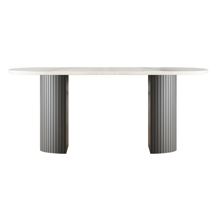Oval Shape Modern Dining Table Two-Color Fixed Table with Double Pedestal White Without Chairs Clearhalo ' dining_table' 'Dining Tables & Seating' 'Dining Tables' 'furn' 'furn_dining_table' 'Furniture' 'furniture_dining_table' 'Kitchen & Dining Furniture' 'kitchen&dining_furn' 'kitchen' 'kitchen_dining_table' 3816892