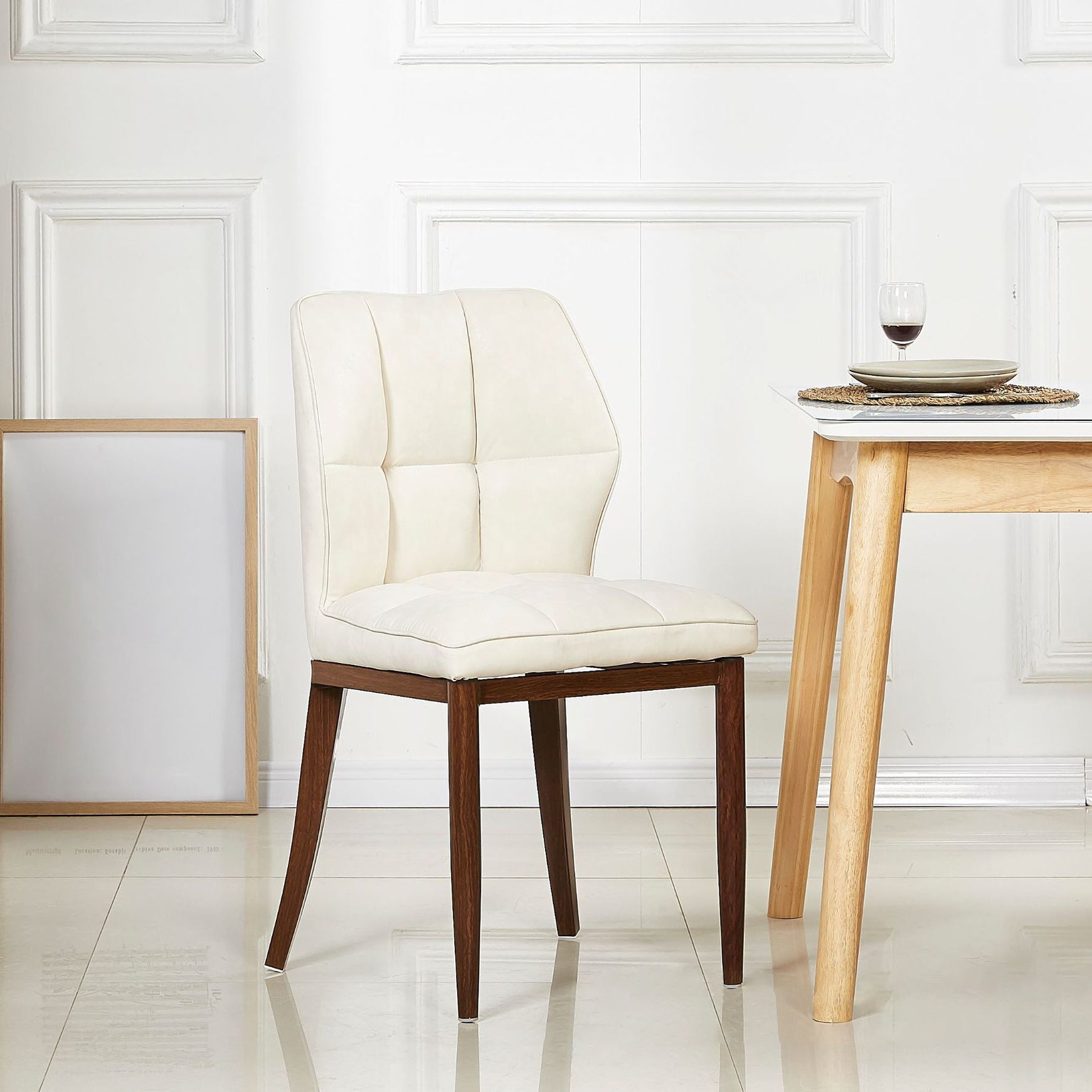 Leather Armless Dining Chairs Modern Upholstered Side Chairs with Metal Legs Off-White 1 Piece Walnut Clearhalo ' kitchen&dining_furn' 'Dining Chairs' 'Dining Tables & Seating' 'dining_chair' 'furn' 'furn_dining_chair' 'Furniture' 'furniture_dining_chair' 'Kitchen & Dining Furniture' 'kitchen' 3835820