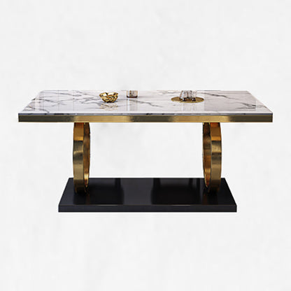 Luxury Marble Dining Table for Restaurant Rectangle Table With Gold Metal Pedestal White Without Chairs Clearhalo ' dining_table' 'Dining Tables & Seating' 'Dining Tables' 'furn' 'furn_dining_table' 'Furniture' 'furniture_dining_table' 'Kitchen & Dining Furniture' 'kitchen&dining_furn' 'kitchen' 'kitchen_dining_table' 3854697