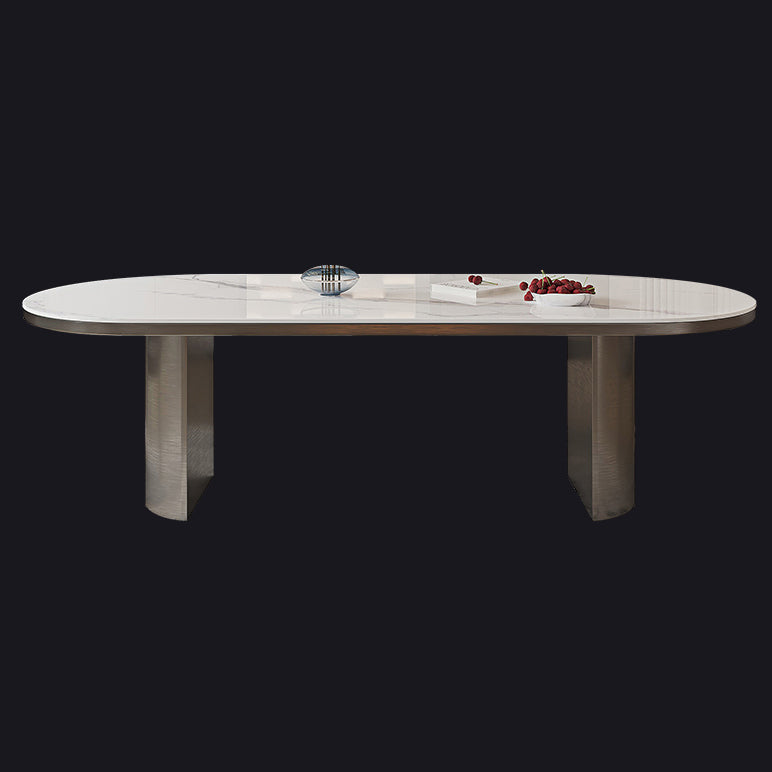Oval Sintered Stone Dining Table Modern Table in White with Double Pedestal Without Chairs Clearhalo ' dining_table' 'Dining Tables & Seating' 'Dining Tables' 'furn' 'furn_dining_table' 'Furniture' 'furniture_dining_table' 'Kitchen & Dining Furniture' 'kitchen&dining_furn' 'kitchen' 'kitchen_dining_table' 3854853