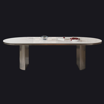 Oval Sintered Stone Dining Table Modern Table in White with Double Pedestal Without Chairs Clearhalo ' dining_table' 'Dining Tables & Seating' 'Dining Tables' 'furn' 'furn_dining_table' 'Furniture' 'furniture_dining_table' 'Kitchen & Dining Furniture' 'kitchen&dining_furn' 'kitchen' 'kitchen_dining_table' 3854853