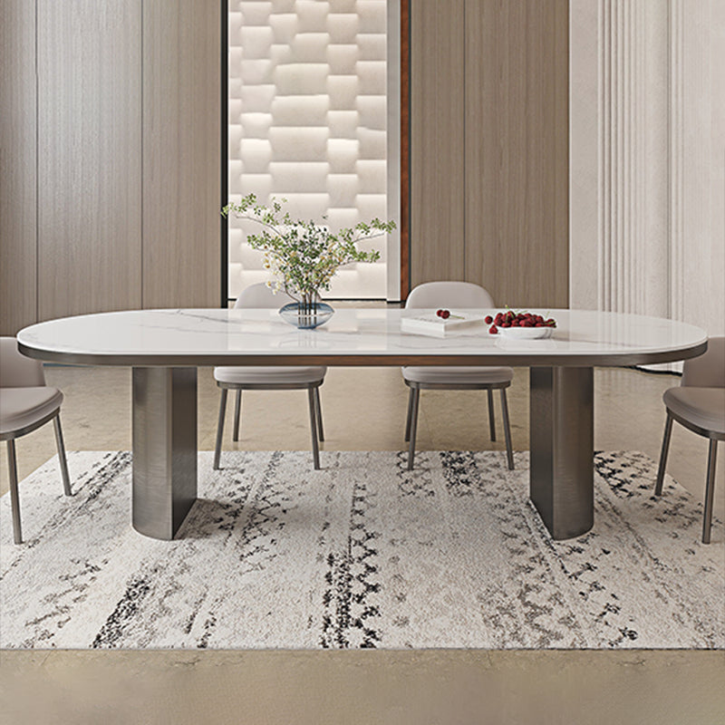 Oval Sintered Stone Dining Table Modern Table in White with Double Pedestal Clearhalo ' dining_table' 'Dining Tables & Seating' 'Dining Tables' 'furn' 'furn_dining_table' 'Furniture' 'furniture_dining_table' 'Kitchen & Dining Furniture' 'kitchen&dining_furn' 'kitchen' 'kitchen_dining_table' 3854855