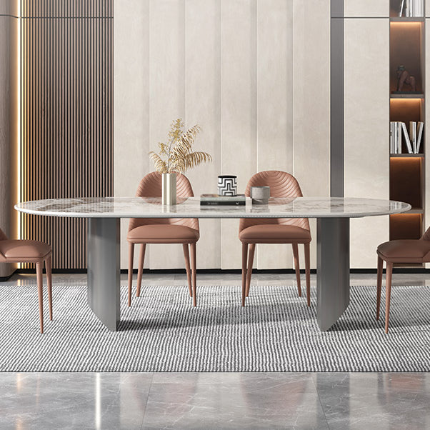 Sintered Stone Dining Table Modern Table in White with Grey Double Pedestal Clearhalo ' dining_table' 'Dining Tables & Seating' 'Dining Tables' 'furn' 'furn_dining_table' 'Furniture' 'furniture_dining_table' 'Kitchen & Dining Furniture' 'kitchen&dining_furn' 'kitchen' 'kitchen_dining_table' 3855056