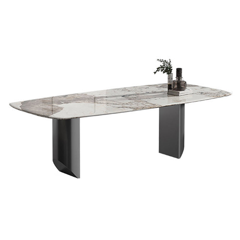 Sintered Stone Dining Table Modern Table in White with Grey Double Pedestal Rectangle Without Chairs Clearhalo ' dining_table' 'Dining Tables & Seating' 'Dining Tables' 'furn' 'furn_dining_table' 'Furniture' 'furniture_dining_table' 'Kitchen & Dining Furniture' 'kitchen&dining_furn' 'kitchen' 'kitchen_dining_table' 3855057