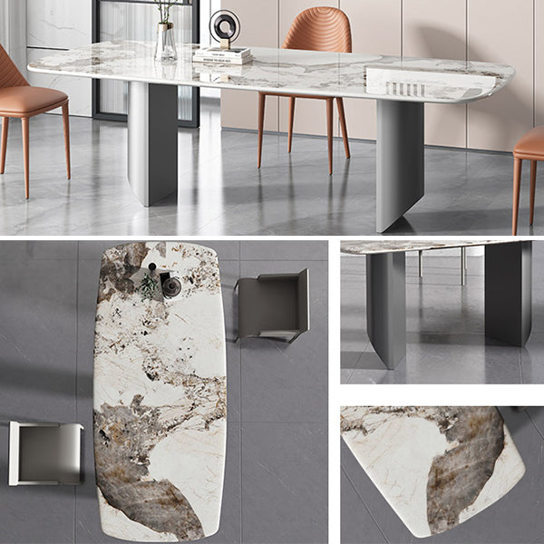 Sintered Stone Dining Table Modern Table in White with Grey Double Pedestal Clearhalo ' dining_table' 'Dining Tables & Seating' 'Dining Tables' 'furn' 'furn_dining_table' 'Furniture' 'furniture_dining_table' 'Kitchen & Dining Furniture' 'kitchen&dining_furn' 'kitchen' 'kitchen_dining_table' 3855065