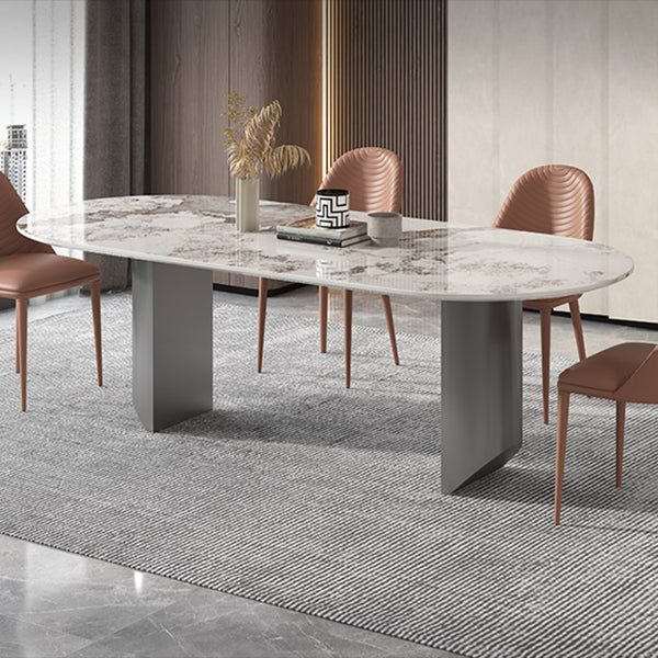 Sintered Stone Dining Table Modern Table in White with Grey Double Pedestal Clearhalo ' dining_table' 'Dining Tables & Seating' 'Dining Tables' 'furn' 'furn_dining_table' 'Furniture' 'furniture_dining_table' 'Kitchen & Dining Furniture' 'kitchen&dining_furn' 'kitchen' 'kitchen_dining_table' 3855069
