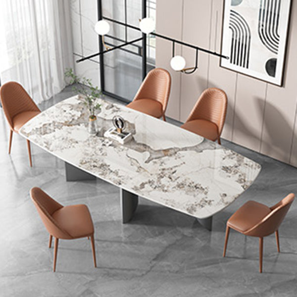 Sintered Stone Dining Table Modern Table in White with Grey Double Pedestal Clearhalo ' dining_table' 'Dining Tables & Seating' 'Dining Tables' 'furn' 'furn_dining_table' 'Furniture' 'furniture_dining_table' 'Kitchen & Dining Furniture' 'kitchen&dining_furn' 'kitchen' 'kitchen_dining_table' 3855071