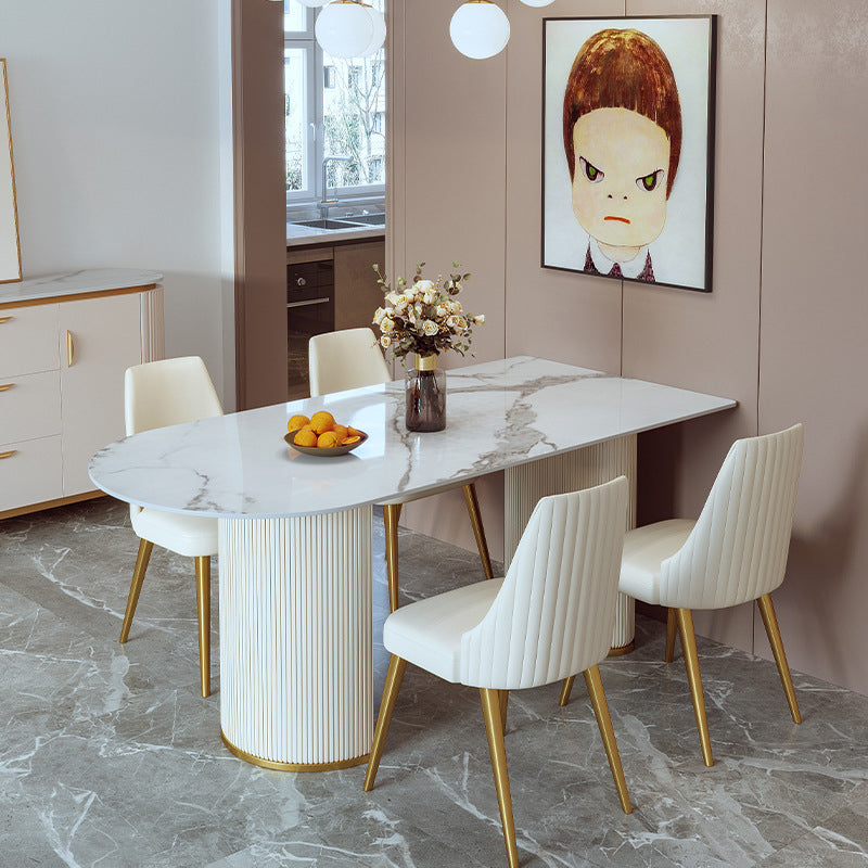Glam Style Kitchen Sintered Stone Dining Table Freeform Table with Double Pedestal Base Clearhalo ' dining_table' 'Dining Tables & Seating' 'Dining Tables' 'furn' 'furn_dining_table' 'Furniture' 'furniture_dining_table' 'Kitchen & Dining Furniture' 'kitchen&dining_furn' 'kitchen' 'kitchen_dining_table' 3855140