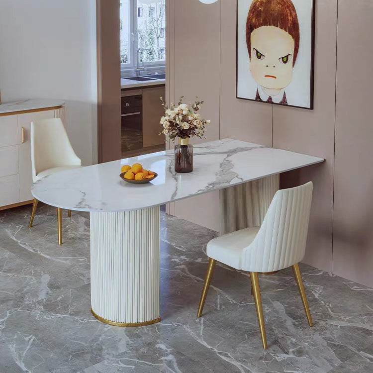 Glam Style Kitchen Sintered Stone Dining Table Freeform Table with Double Pedestal Base Clearhalo ' dining_table' 'Dining Tables & Seating' 'Dining Tables' 'furn' 'furn_dining_table' 'Furniture' 'furniture_dining_table' 'Kitchen & Dining Furniture' 'kitchen&dining_furn' 'kitchen' 'kitchen_dining_table' 3855141