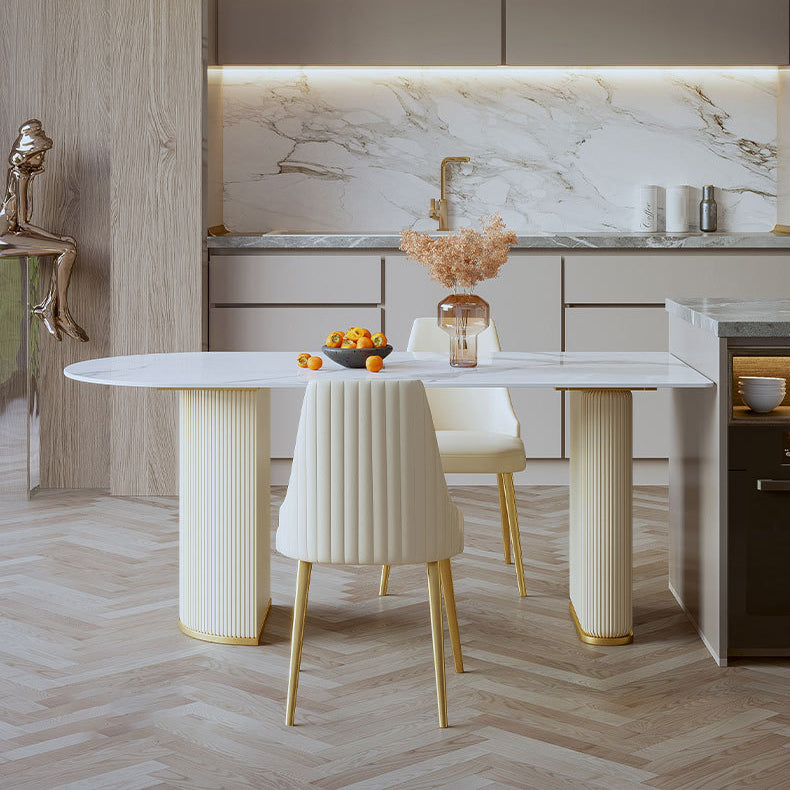 Glam Style Kitchen Sintered Stone Dining Table Freeform Table with Double Pedestal Base Clearhalo ' dining_table' 'Dining Tables & Seating' 'Dining Tables' 'furn' 'furn_dining_table' 'Furniture' 'furniture_dining_table' 'Kitchen & Dining Furniture' 'kitchen&dining_furn' 'kitchen' 'kitchen_dining_table' 3855147