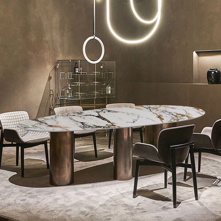 Oval Sintered Stone Dining Table Luxury Table in White with Metal 3 Legs Clearhalo ' dining_table' 'Dining Tables & Seating' 'Dining Tables' 'furn' 'furn_dining_table' 'Furniture' 'furniture_dining_table' 'Kitchen & Dining Furniture' 'kitchen&dining_furn' 'kitchen' 'kitchen_dining_table' 3855172