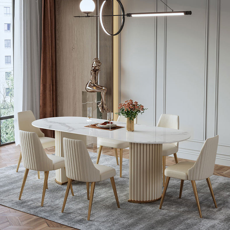 Traditional Luxury Oval Dining Table Sintered Stone Table with White Double Pedestal Clearhalo ' dining_table' 'Dining Tables & Seating' 'Dining Tables' 'furn' 'furn_dining_table' 'Furniture' 'furniture_dining_table' 'Kitchen & Dining Furniture' 'kitchen&dining_furn' 'kitchen' 'kitchen_dining_table' 3855251