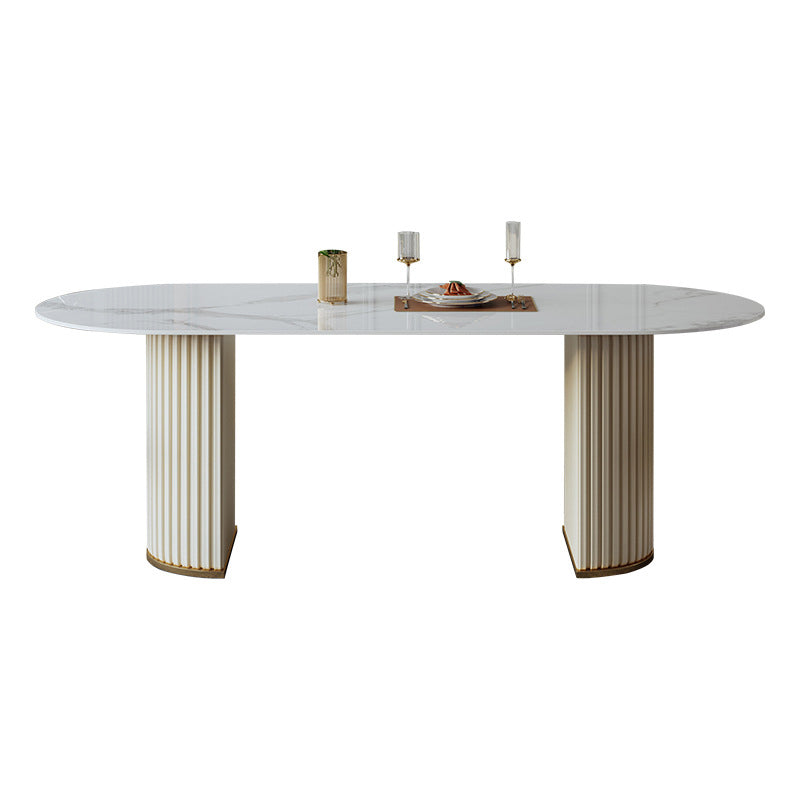 Traditional Luxury Oval Dining Table Sintered Stone Table with White Double Pedestal Without Chairs Clearhalo ' dining_table' 'Dining Tables & Seating' 'Dining Tables' 'furn' 'furn_dining_table' 'Furniture' 'furniture_dining_table' 'Kitchen & Dining Furniture' 'kitchen&dining_furn' 'kitchen' 'kitchen_dining_table' 3855255