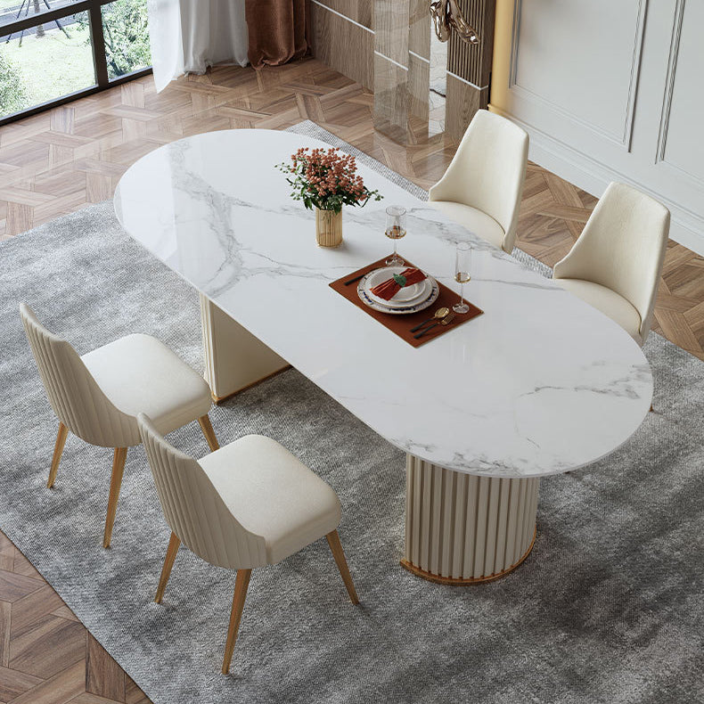 Traditional Luxury Oval Dining Table Sintered Stone Table with White Double Pedestal Clearhalo ' dining_table' 'Dining Tables & Seating' 'Dining Tables' 'furn' 'furn_dining_table' 'Furniture' 'furniture_dining_table' 'Kitchen & Dining Furniture' 'kitchen&dining_furn' 'kitchen' 'kitchen_dining_table' 3855261