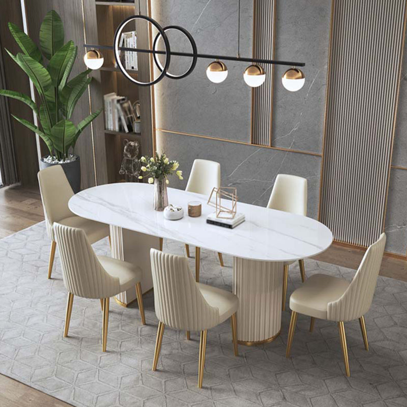 Traditional Luxury Oval Dining Room Table Sintered Stone Table with White Double Pedestal Clearhalo ' dining_table' 'Dining Tables & Seating' 'Dining Tables' 'furn' 'furn_dining_table' 'Furniture' 'furniture_dining_table' 'Kitchen & Dining Furniture' 'kitchen&dining_furn' 'kitchen' 'kitchen_dining_table' 3855411