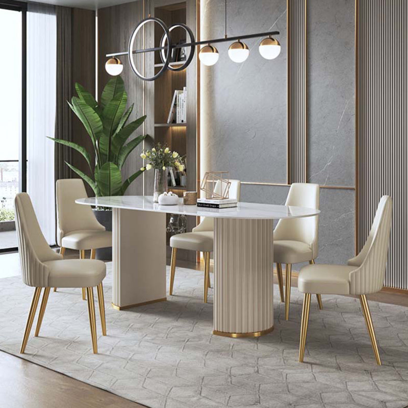 Traditional Luxury Oval Dining Room Table Sintered Stone Table with White Double Pedestal Clearhalo ' dining_table' 'Dining Tables & Seating' 'Dining Tables' 'furn' 'furn_dining_table' 'Furniture' 'furniture_dining_table' 'Kitchen & Dining Furniture' 'kitchen&dining_furn' 'kitchen' 'kitchen_dining_table' 3855413