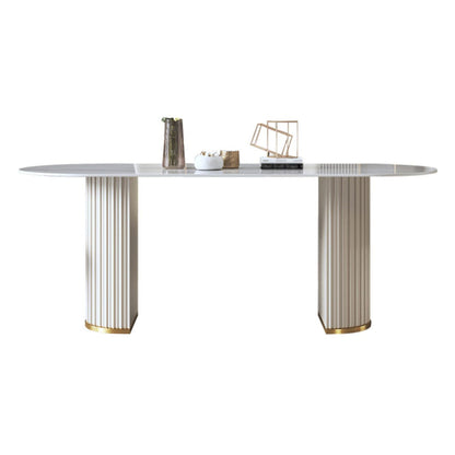 Traditional Luxury Oval Dining Room Table Sintered Stone Table with White Double Pedestal Without Chairs Clearhalo ' dining_table' 'Dining Tables & Seating' 'Dining Tables' 'furn' 'furn_dining_table' 'Furniture' 'furniture_dining_table' 'Kitchen & Dining Furniture' 'kitchen&dining_furn' 'kitchen' 'kitchen_dining_table' 3855415