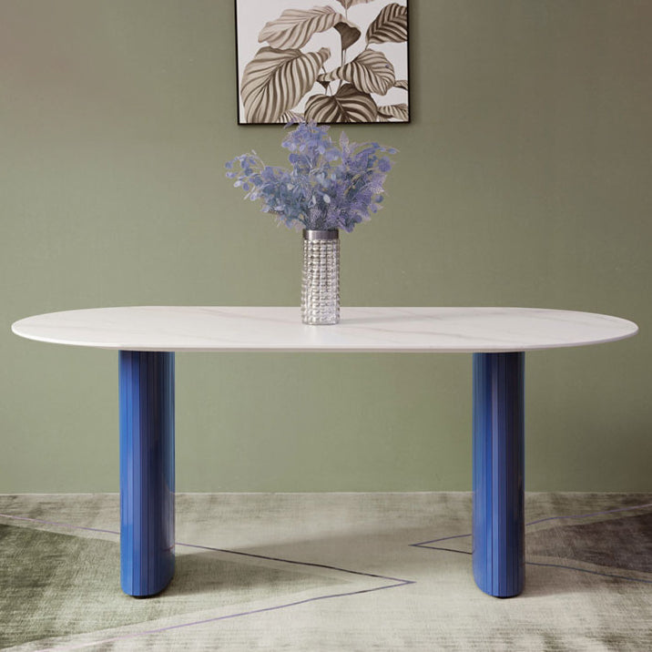 Modern White & Blue Sintered Stone Dining Table Oval Shape Dining Table with Double Pedestal Bases Clearhalo ' dining_table' 'Dining Tables & Seating' 'Dining Tables' 'furn' 'furn_dining_table' 'Furniture' 'furniture_dining_table' 'Kitchen & Dining Furniture' 'kitchen&dining_furn' 'kitchen' 'kitchen_dining_table' 3855596