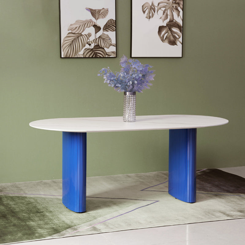 Modern White & Blue Sintered Stone Dining Table Oval Shape Dining Table with Double Pedestal Bases Clearhalo ' dining_table' 'Dining Tables & Seating' 'Dining Tables' 'furn' 'furn_dining_table' 'Furniture' 'furniture_dining_table' 'Kitchen & Dining Furniture' 'kitchen&dining_furn' 'kitchen' 'kitchen_dining_table' 3855597