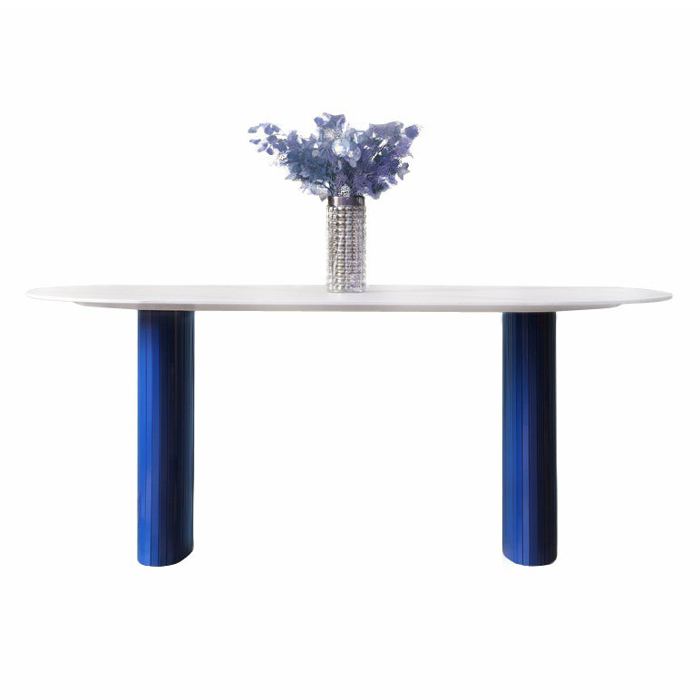 Modern White & Blue Sintered Stone Dining Table Oval Shape Dining Table with Double Pedestal Bases Without Chairs Clearhalo ' dining_table' 'Dining Tables & Seating' 'Dining Tables' 'furn' 'furn_dining_table' 'Furniture' 'furniture_dining_table' 'Kitchen & Dining Furniture' 'kitchen&dining_furn' 'kitchen' 'kitchen_dining_table' 3855600
