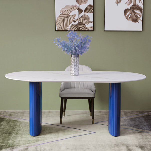 Modern White & Blue Sintered Stone Dining Table Oval Shape Dining Table with Double Pedestal Bases Clearhalo ' dining_table' 'Dining Tables & Seating' 'Dining Tables' 'furn' 'furn_dining_table' 'Furniture' 'furniture_dining_table' 'Kitchen & Dining Furniture' 'kitchen&dining_furn' 'kitchen' 'kitchen_dining_table' 3855603