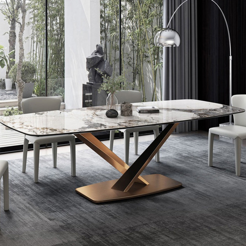 Glam Rectangle Shape Gray Dining Table Sintered Stone Kitchen Dining Table with Pedestal Base Clearhalo ' dining_table' 'Dining Tables & Seating' 'Dining Tables' 'furn' 'furn_dining_table' 'Furniture' 'furniture_dining_table' 'Kitchen & Dining Furniture' 'kitchen&dining_furn' 'kitchen' 'kitchen_dining_table' 3855652