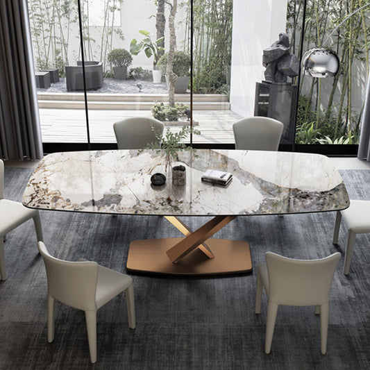 Glam Rectangle Shape Gray Dining Table Sintered Stone Kitchen Dining Table with Pedestal Base