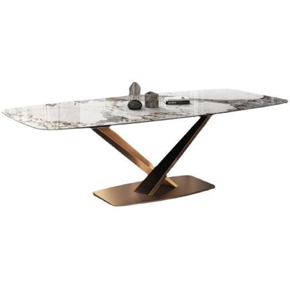 Glam Rectangle Shape Gray Dining Table Sintered Stone Kitchen Dining Table with Pedestal Base Without Chairs Clearhalo ' dining_table' 'Dining Tables & Seating' 'Dining Tables' 'furn' 'furn_dining_table' 'Furniture' 'furniture_dining_table' 'Kitchen & Dining Furniture' 'kitchen&dining_furn' 'kitchen' 'kitchen_dining_table' 3855656