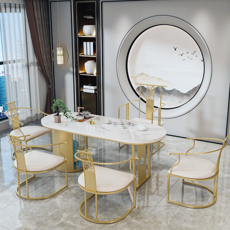 Traditional Luxury Oval Dining Table Sintered Stone Table with Gold Double Pedestal for Dining Room Clearhalo ' dining_table' 'Dining Tables & Seating' 'Dining Tables' 'furn' 'furn_dining_table' 'Furniture' 'furniture_dining_table' 'Kitchen & Dining Furniture' 'kitchen&dining_furn' 'kitchen' 'kitchen_dining_table' 3864096